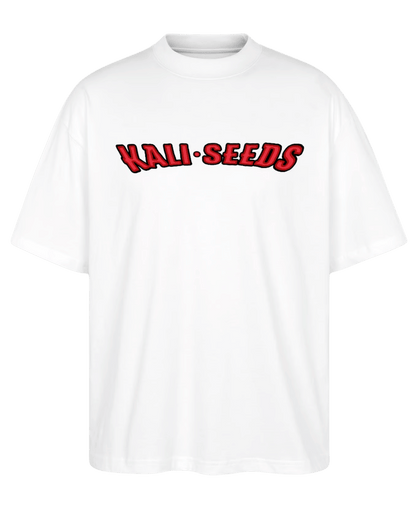 Weißes KaliSeeds T-Shirt mit stylischem Logo – hochwertiges Merchandise für Fans und Grower
