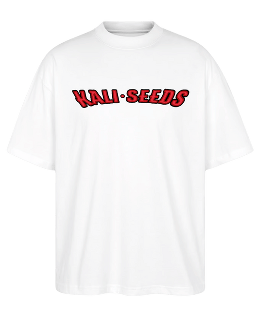 Weißes KaliSeeds T-Shirt mit stylischem Logo – hochwertiges Merchandise für Fans und Grower